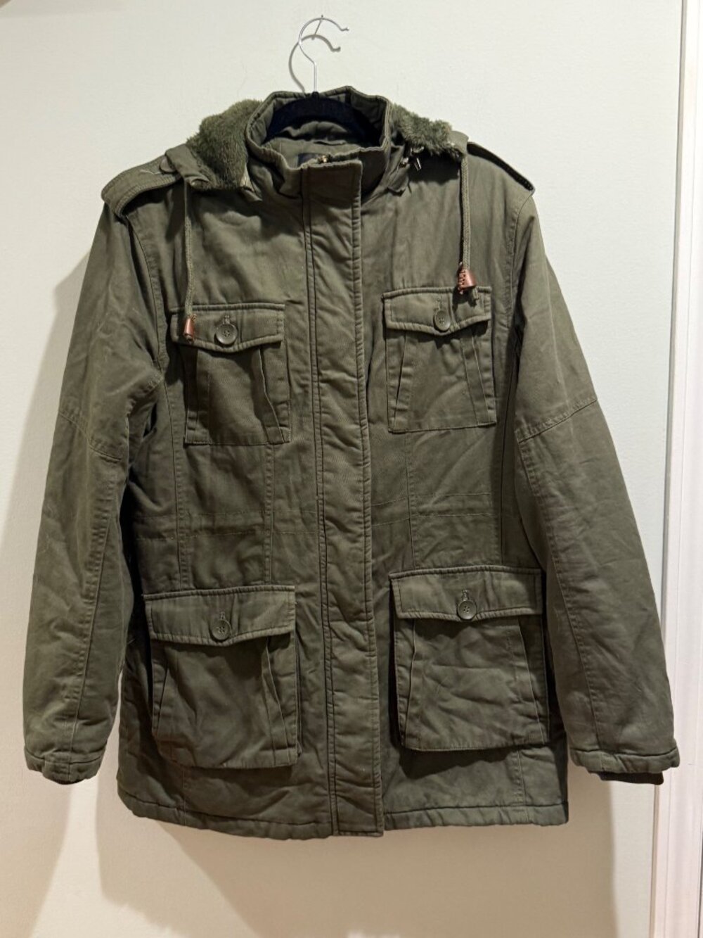 Wantdo Men's Large Olive Green Fleece-Lined Hooded Military Parka Jacket